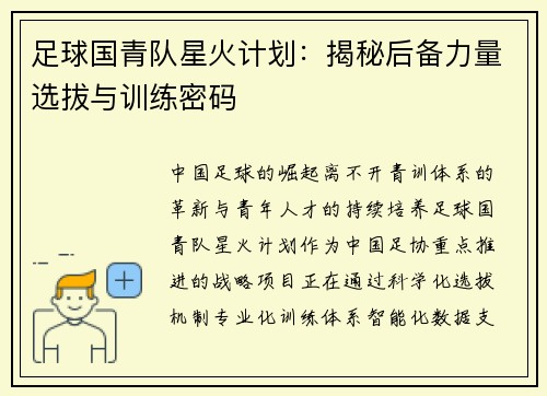 足球国青队星火计划：揭秘后备力量选拔与训练密码